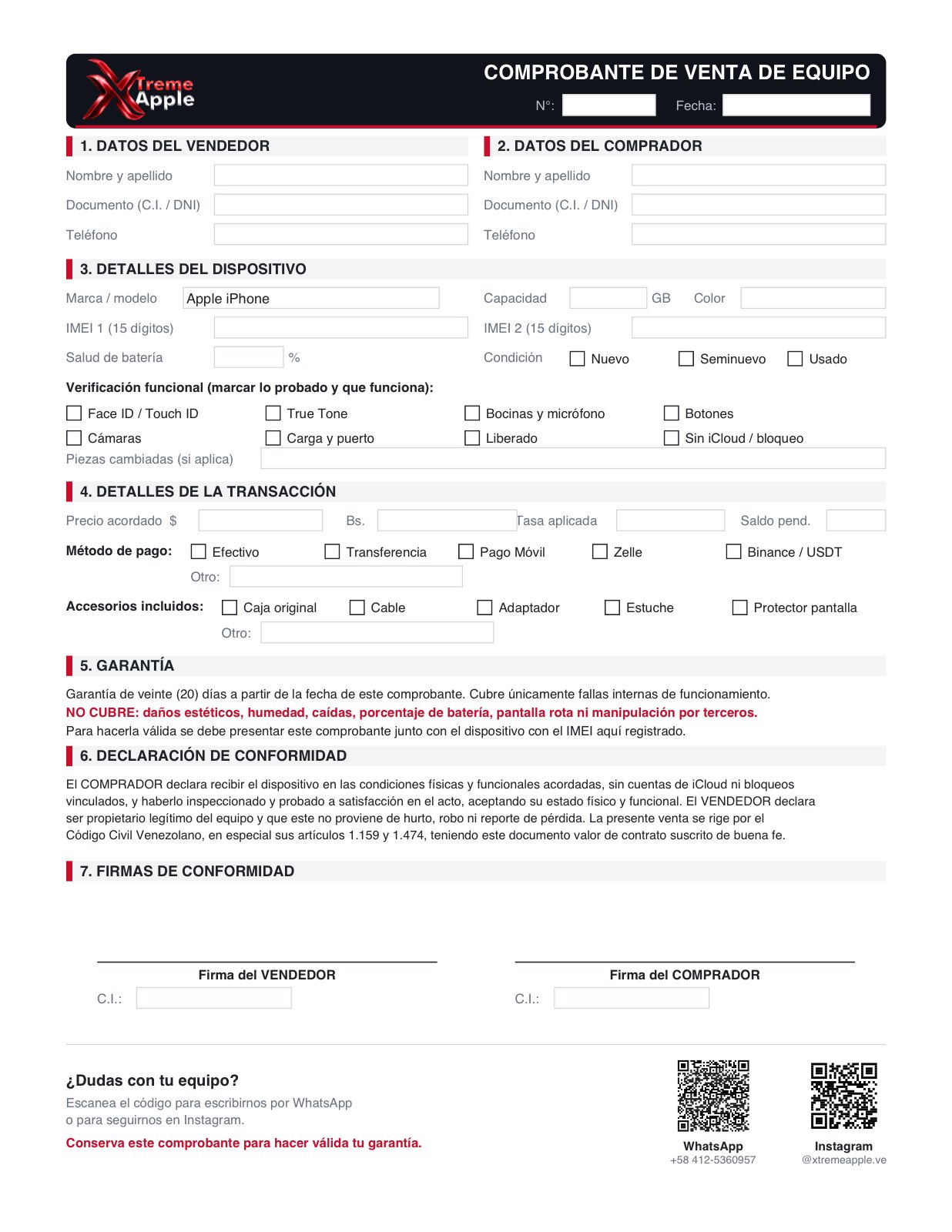 Comprobante de venta de equipo de Xtreme Apple, con datos del vendedor, del comprador, del dispositivo, verificación funcional, garantía y firmas